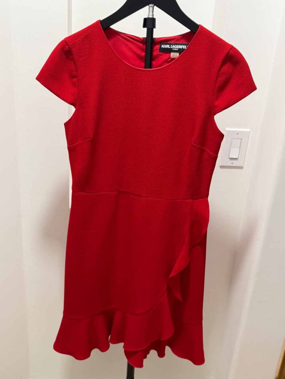 Karl Lagerfeld Crimson Cap-Sleeve Ruffle-Hem Mini Dress